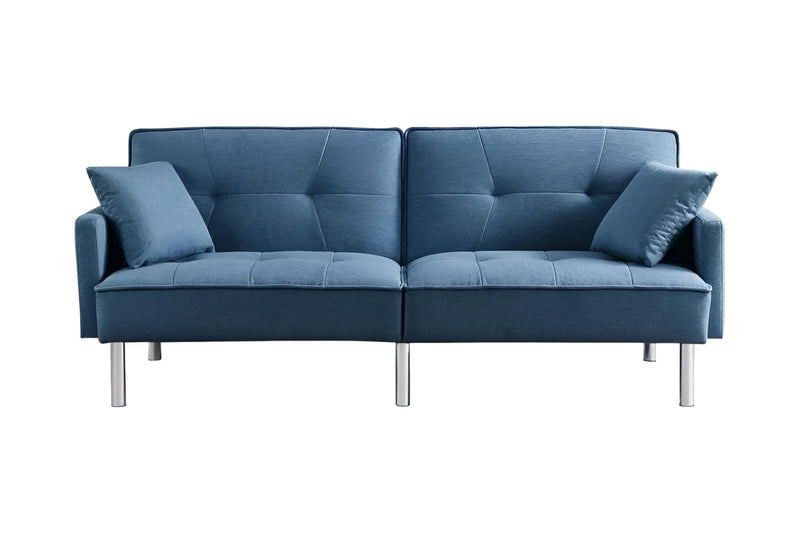Polyester Blend Convertible Futon Sleeper Sofa And Toss Pillows With Silver Legs - Blue