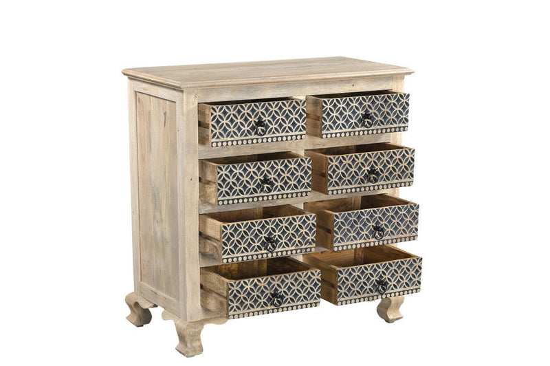 Carved Geometric Solid Wood Eight Drawer Dresser - White