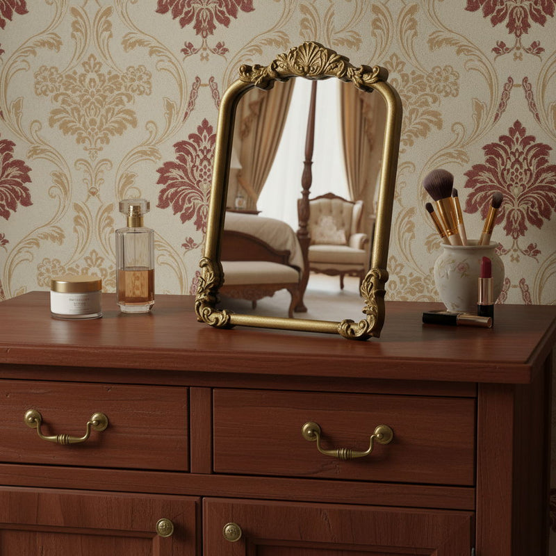 Solid Wood Scalloped Framed Makeup Shaving Tabletop Mirror - Gold