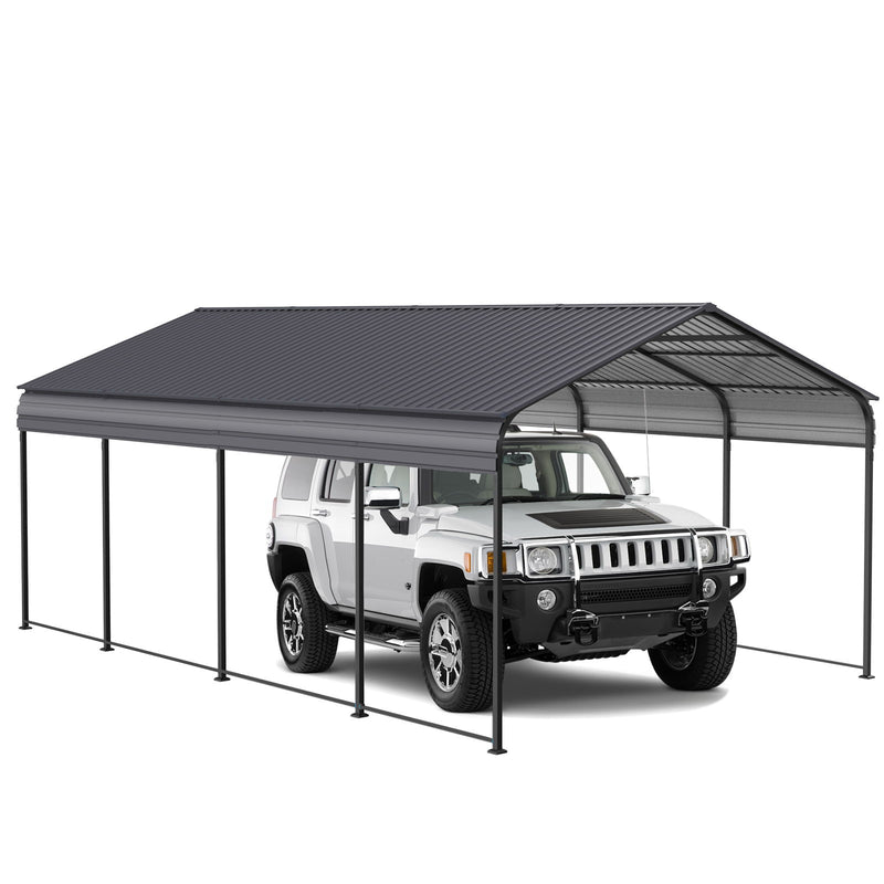 Metal Carport 12 X 20 Ft Heavy Duty With Galvanized Steel Roof Metal Garage Canopy With Galvanized Steel Roof & Frame Car Tent Outdoor Storage Shed For Car Boats And Truck - Alabaster / Dark Gray