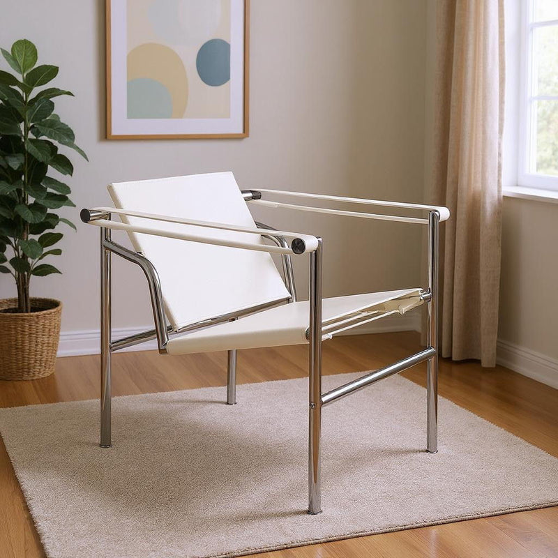 Faux Leather Stainless Steel Adjustable Back Arm Chair - White / Silver