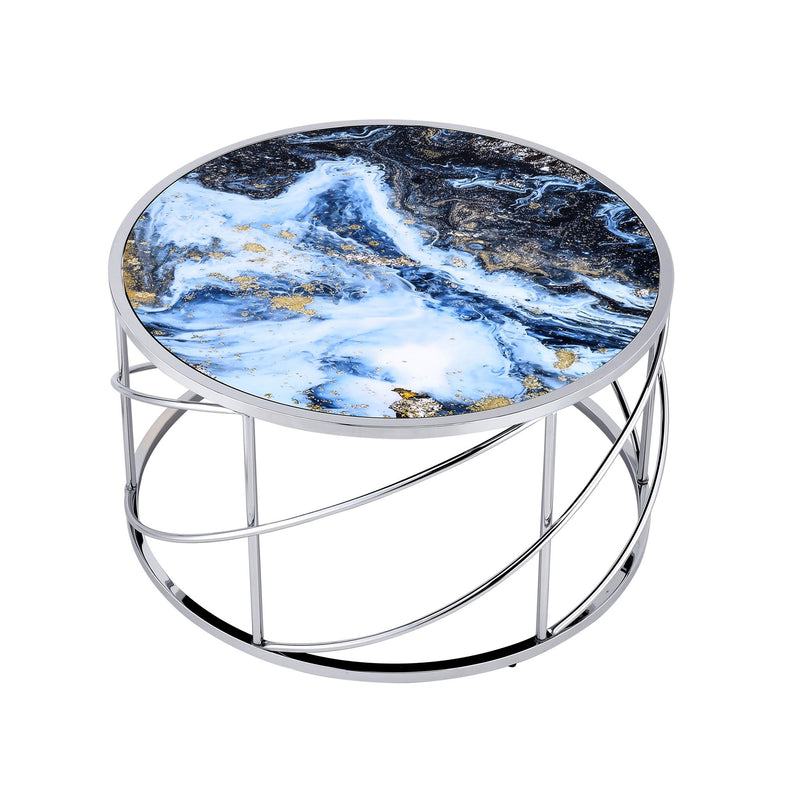 33" Wood And Iron Faux Marble Geometric Frame Round Coffee Table - Blue And Silver