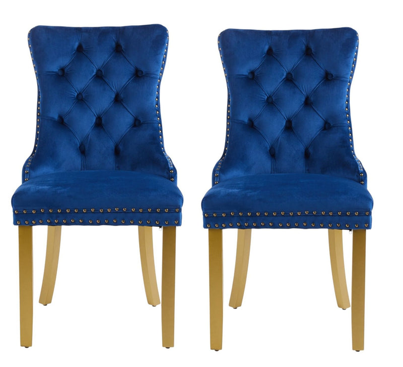 Tufted Solid Wood Dining Side Chairs (Set of 2) - Blue / Gold