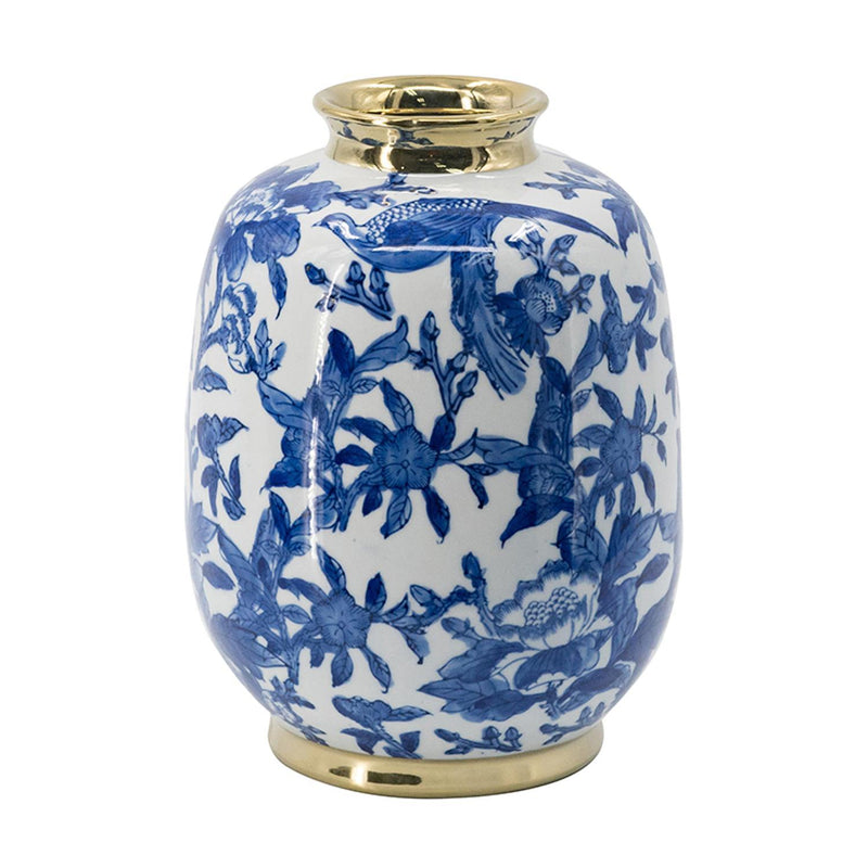 Chinoiserie Floral Porcelain Table Vase (574254) - Blue / Gold / White