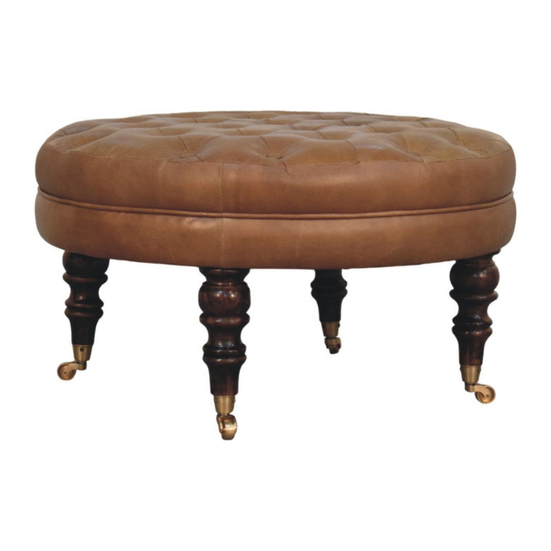 Leather Round Footstool (723465) - Brown