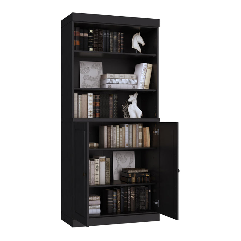 Solid Wood Adjustable Six Tier Library Bookcase With Two Doors - Black