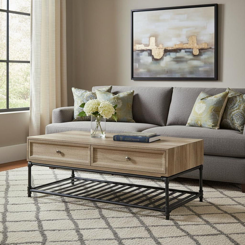 Paper Veneer And Metal Rectangular Coffee Table With Two Drawers And Shelf - Sandy Black And Oak