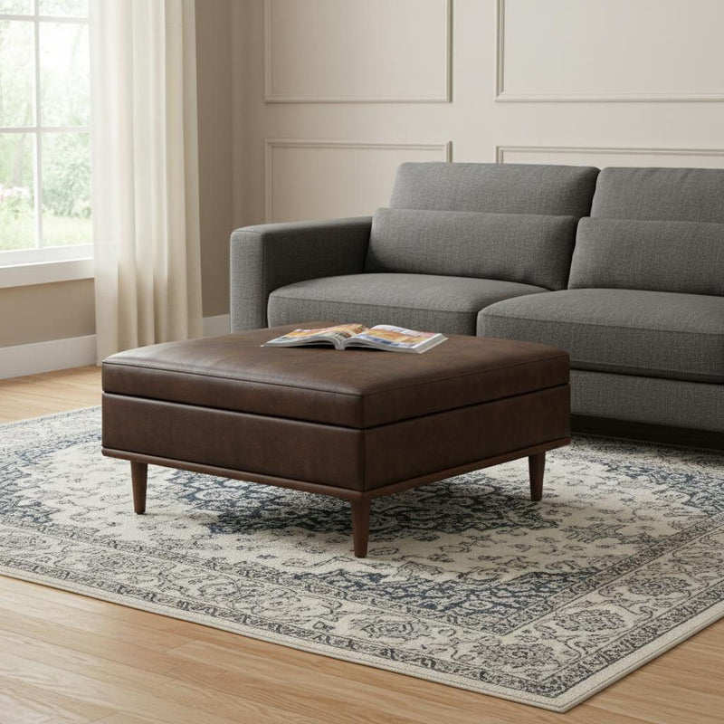 Transitional Leather Cocktail Ottoman With Storage - Brown