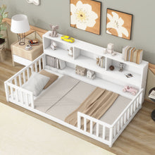 Load image into Gallery viewer, Floor Bed With Bedside Bookcase, Shelves, Guardrails

