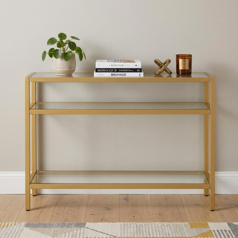 Glass And Iron Console Table With Two Shelves - Clear And Gold