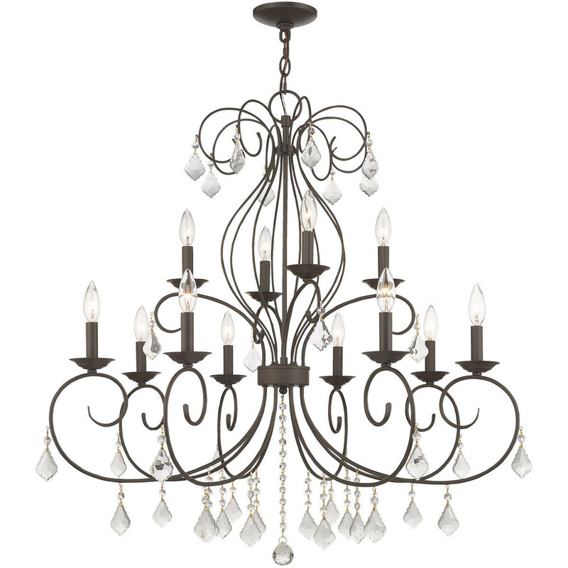 Twelve Light Metal Dimmable Chandelier With Shades - Bronze / Clear