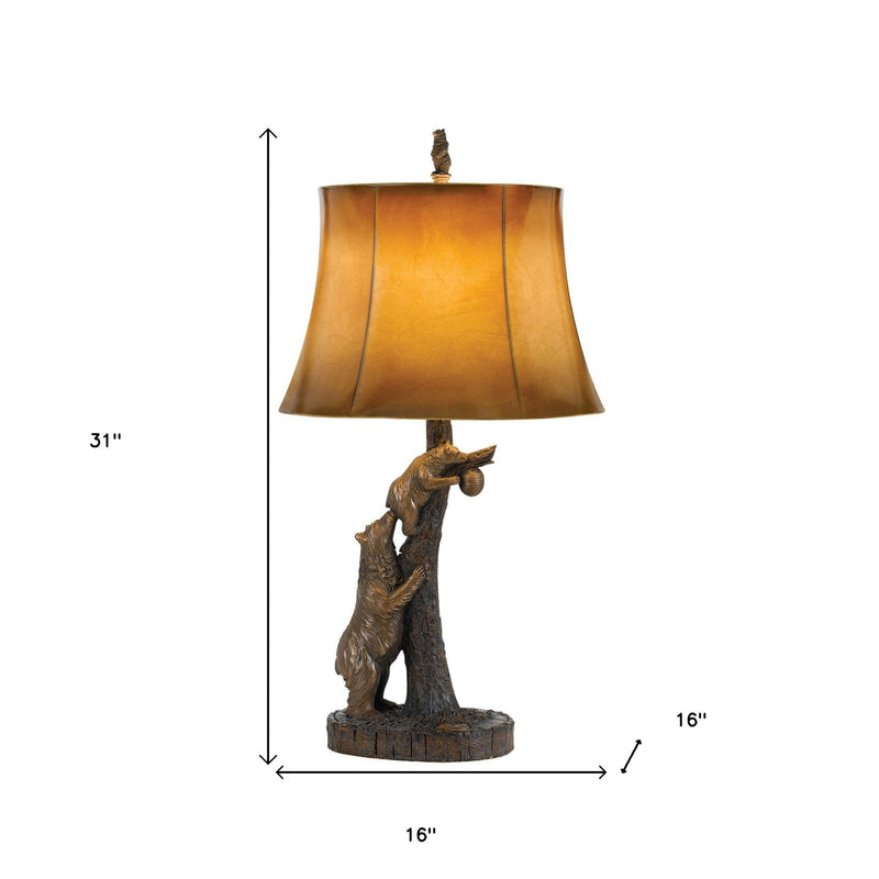 Bears After the Honey Table Lamp With Brown Faux Leather Shade - Bronze