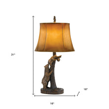 Load image into Gallery viewer, Bears After the Honey Table Lamp With Brown Faux Leather Shade - Bronze
