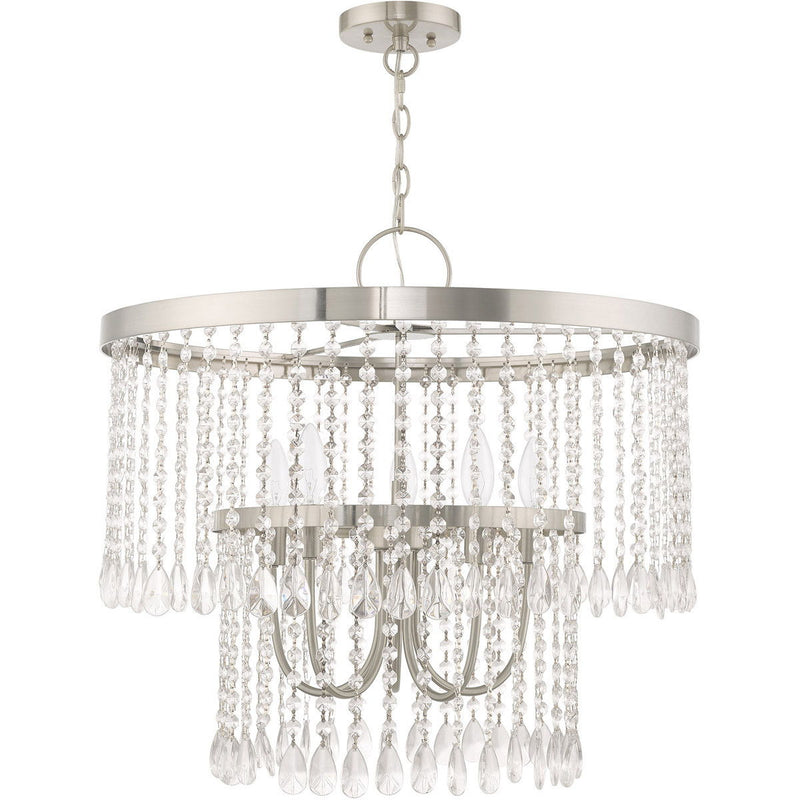 23" Five Light Dimmable Chandelier With Shades - Nickel / Pearl Silver