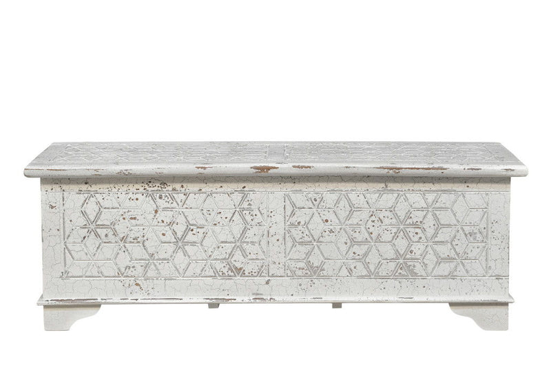 Solid Wood Geometric Storage Ottoman - White / Rustic