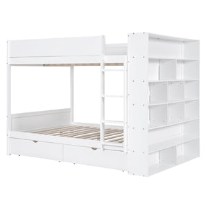 Full over Full Bunk Bed With 2 Drawers and Multi-layer Cabinet, White