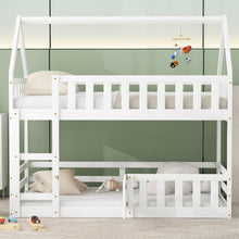 Load image into Gallery viewer, Twin over Twin House Bunk Bed with Fence and Door, White
