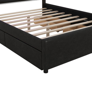 Queen Size Upholstered Storage Platform Bed with LED, 4 Drawers and USB Charging, Black