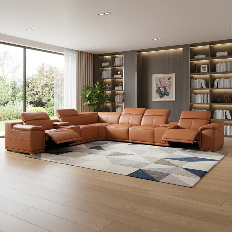 Italian Leather Power Reclining Eight Piece Corner Sectional With Console - Camel
