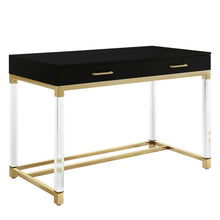 Load image into Gallery viewer, 48" Black Clear and Gold Wood Acrylic and Stainless Steel Writing Desk With Two Drawers
