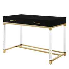 Load image into Gallery viewer, 48" Black Clear and Gold Wood Acrylic and Stainless Steel Writing Desk With Two Drawers
