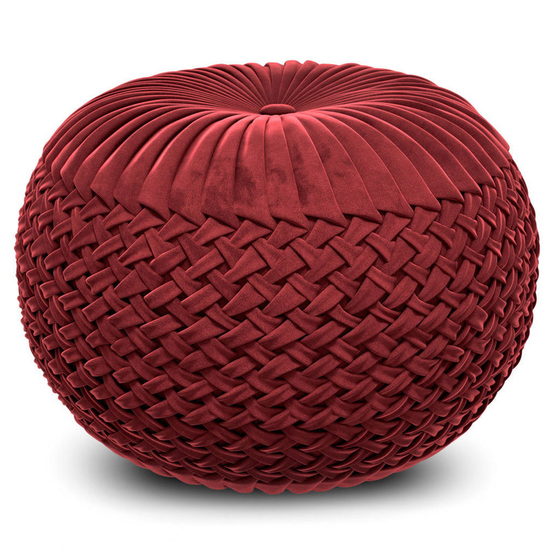 Velvet Round Pouf Ottoman - Red