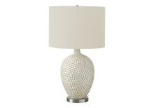 Load image into Gallery viewer, 28" White and Silver Ceramic Round Table Lamp With Cream Drum Shade
