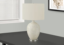 Load image into Gallery viewer, 28" White and Silver Ceramic Round Table Lamp With Cream Drum Shade
