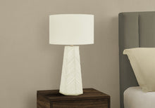 Load image into Gallery viewer, 29" White Ceramic Geometric Table Lamp With Ivory Drum Shade

