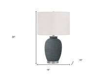 Load image into Gallery viewer, 24" Blue and Silver Ceramic Round Table Lamp With Ivory Drum Shade
