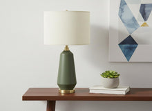 Load image into Gallery viewer, 26" Green Ceramic Geometric Table Lamp With Ivory Drum Shade
