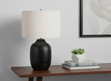 Load image into Gallery viewer, 26" Black Ceramic Urn Table Lamp With Ivory Drum Shade
