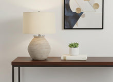 Load image into Gallery viewer, 25" Cream Concrete Round Table Lamp With Beige Drum Shade
