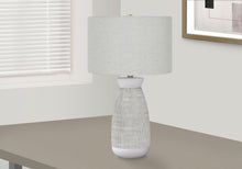 Load image into Gallery viewer, 27" Gray and White Ceramic Round Table Lamp With Gray Drum Shade
