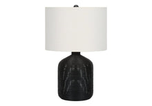 Load image into Gallery viewer, 23" Black Rattan Round Table Lamp With Ivory Drum Shade
