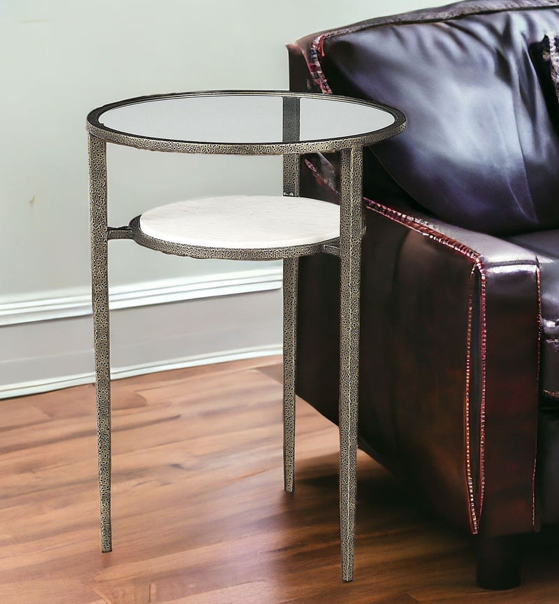 Glass And Metal Round End Table With Shelf - Bronze And Clear