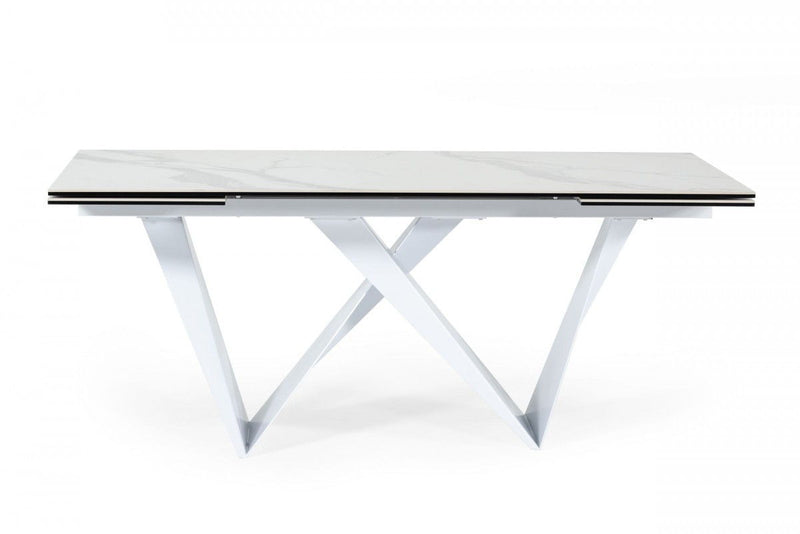 Ceramic Metal Self-Storing Leaf Pedestal Base Extendable Dining Table - White