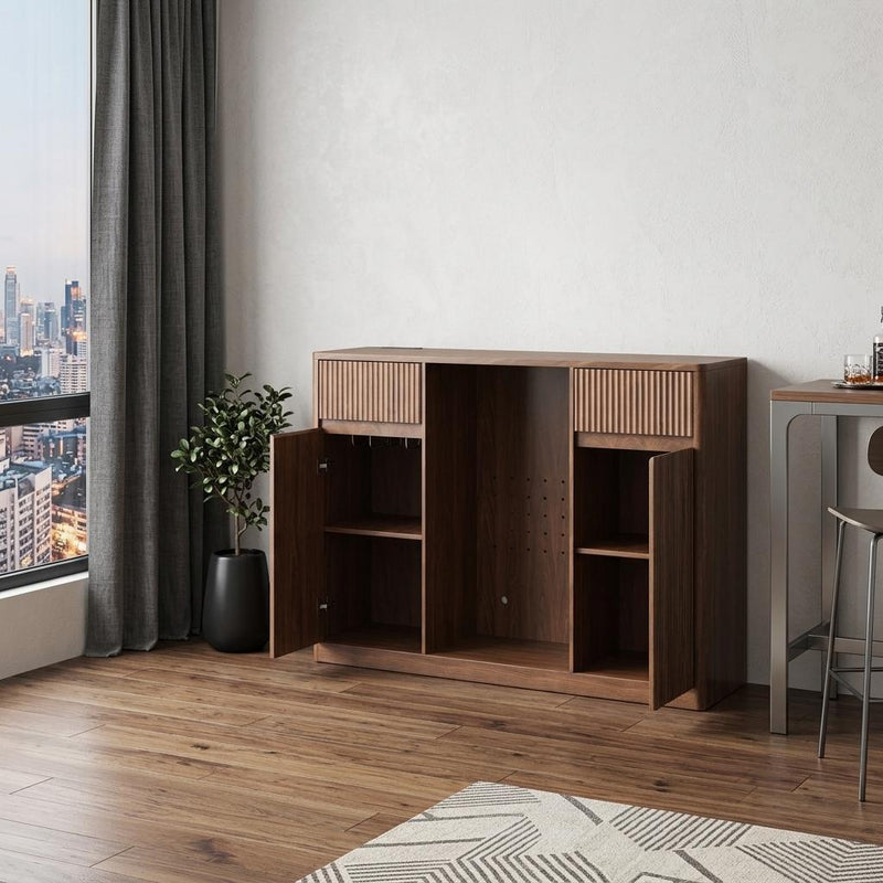 Wood Ribbed Textured Bar Cabinet With Mini Fridge Compartment And USB - Walnut