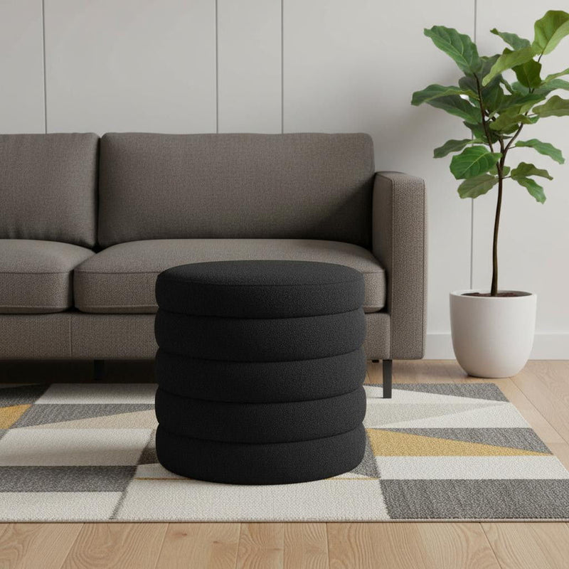 Boucle Round Storage Ottoman - Black
