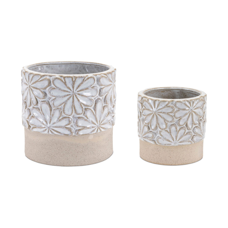 Leaf Round Pot Planters (Set of 2) - Beige / Gray