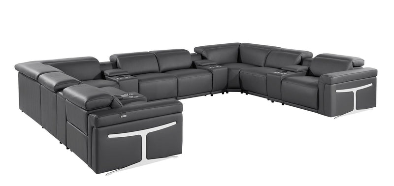 Italian Leather Power Reclining U Shaped Twelve Piece Sectional With Console - Dark Gray