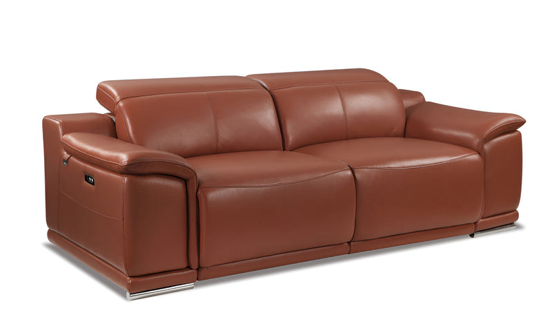 Italian Leather USB Reclining Sofa With Silver Legs - Camel