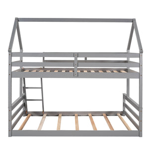 Twin over Full House Bunk Bed with Built-in Ladder,Gray