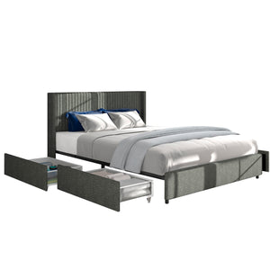 Anna Full Size Gray Linen Upholstered Wingback Platform Bed with Patented 4 Drawers Storage, Modern Design Headboard with Tight Channel, Wooden Slat Mattress Support No Box Spring Needed