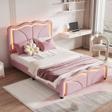 Load image into Gallery viewer, Upholstered Platform Bed &amp; Curve Shaped And Height Adjustable Headboard, LED Light Strips
