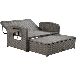 TOPMAX PE Wicker Rattan Double Chaise Lounge, 2-Person Reclining Daybed with Adjustable Back and Cushions, Free Furniture Protection Cover,Gray