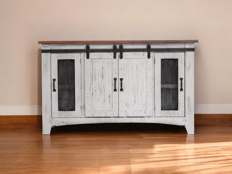 Cabinet Enclosed Storage Distressed TV Stand - White