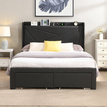 Load image into Gallery viewer, Queen Size Bed Frame with 2 Storage Drawers, Upholstered Bed Frame with Wingback Headboard Storage Shelf Built-in USB Charging Stations and Strong Wood Slats Support, No Box Spring Needed, Dark Gray
