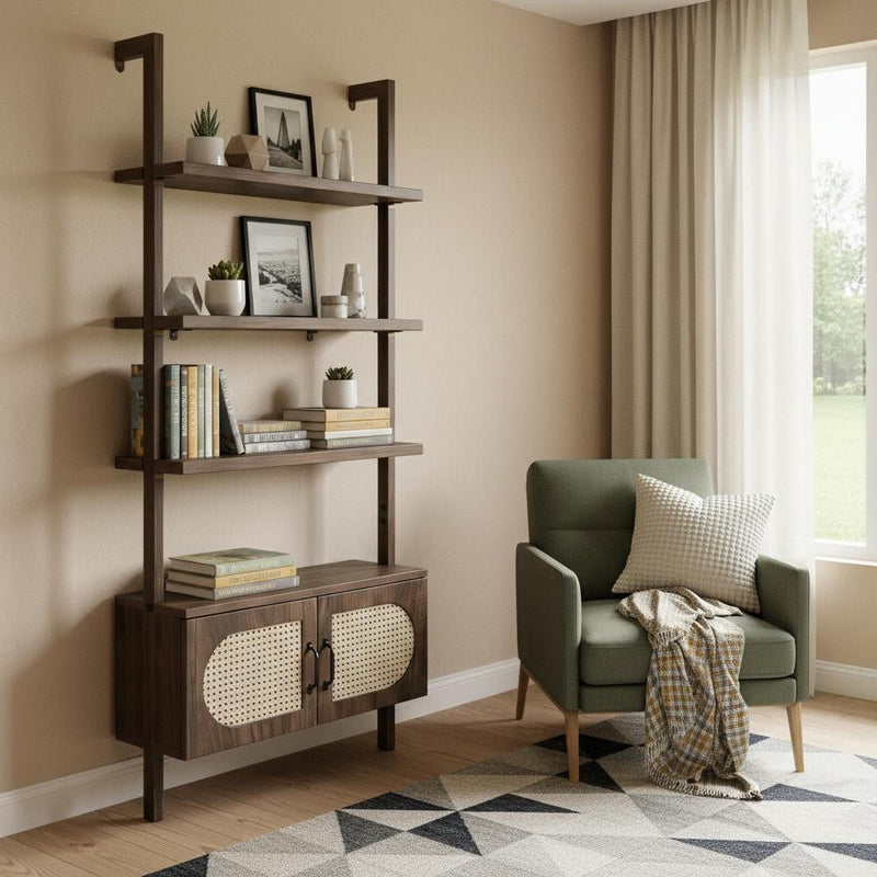 Adjustable Four Tier Etagere Bookcase With Two Doors - Light Brown