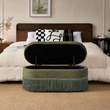 Load image into Gallery viewer, Oval Upholstered Storage Ottoman With Fringe Trim &amp; Lift Top Lid
